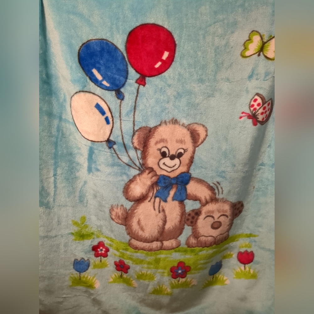Vintage Thick Bear Balloons Puppy Dog Butterfly Flowers Baby Blue Blanket READ